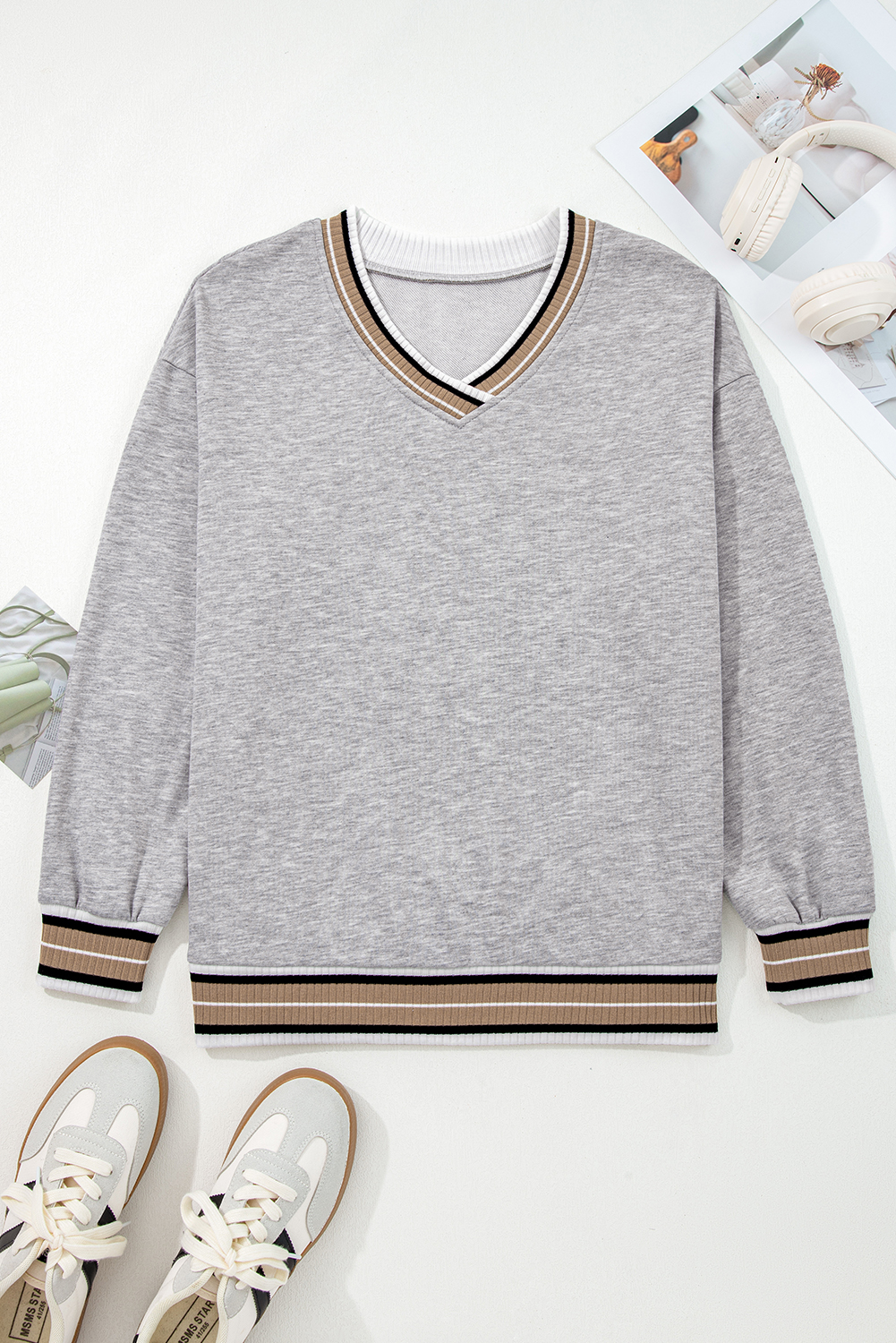 Gray Varsity Contrast Striped Trim V Neck Sweatshirt