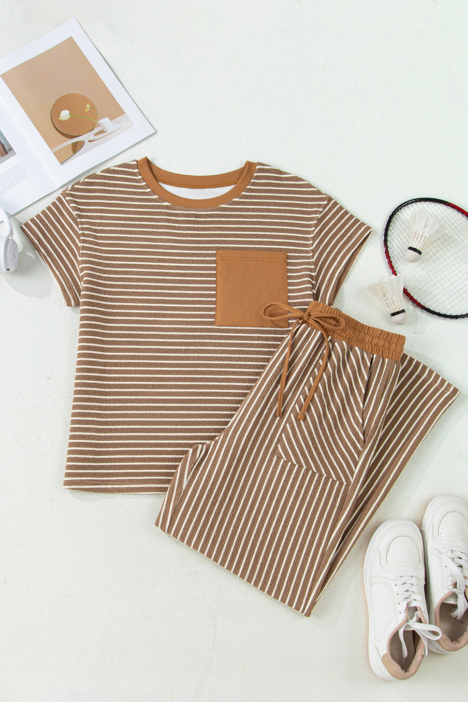 Khaki Stripe Crew Neck Tee Drawstring Waist Cropped Pants Set