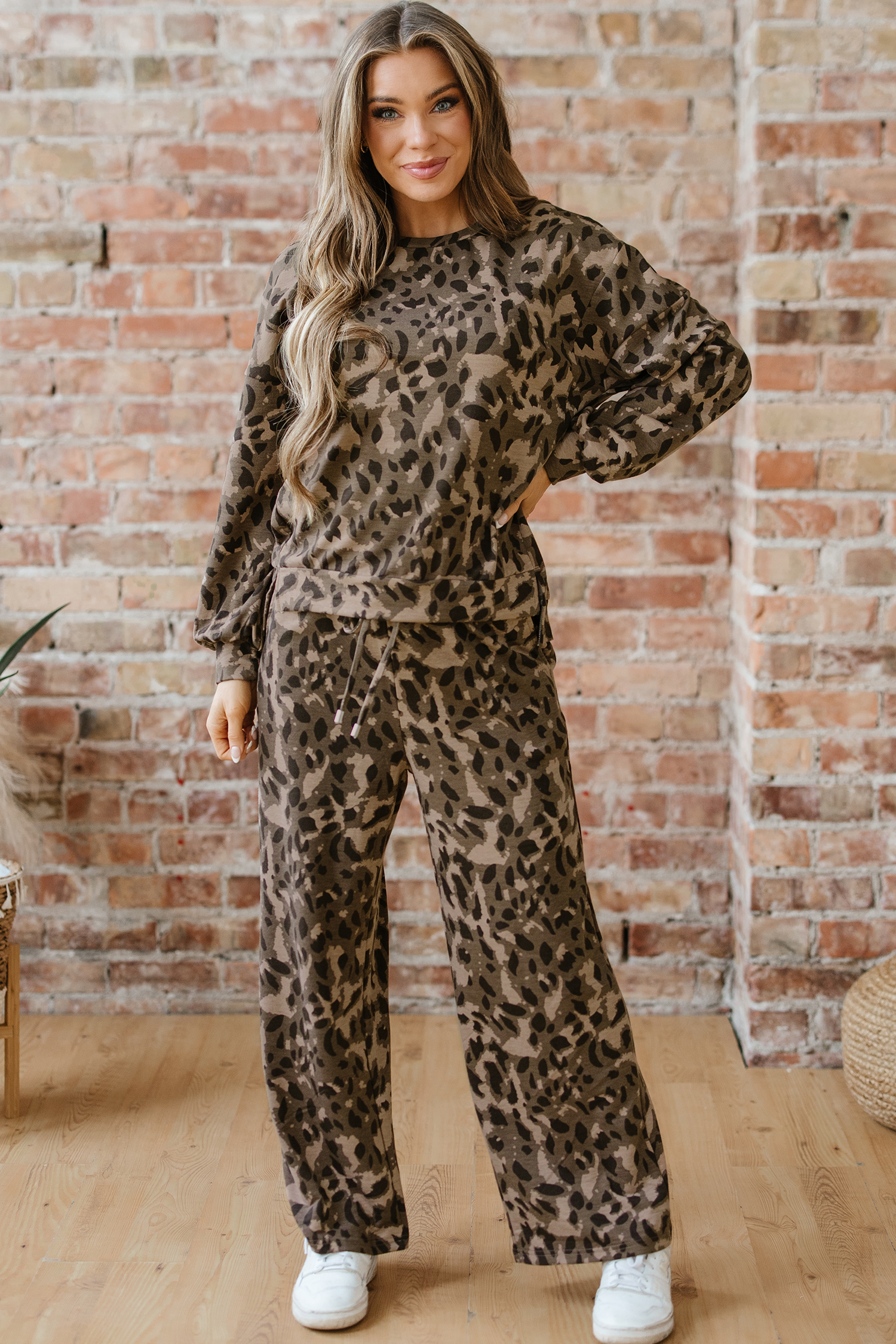 Brown Leopard Loose Tee Drawstring Waist Barrel Pants Set