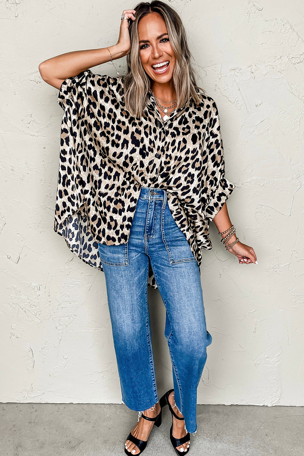 Beige Leopard Print Buttoned 3/4 Sleeve Loose Fit Shirt