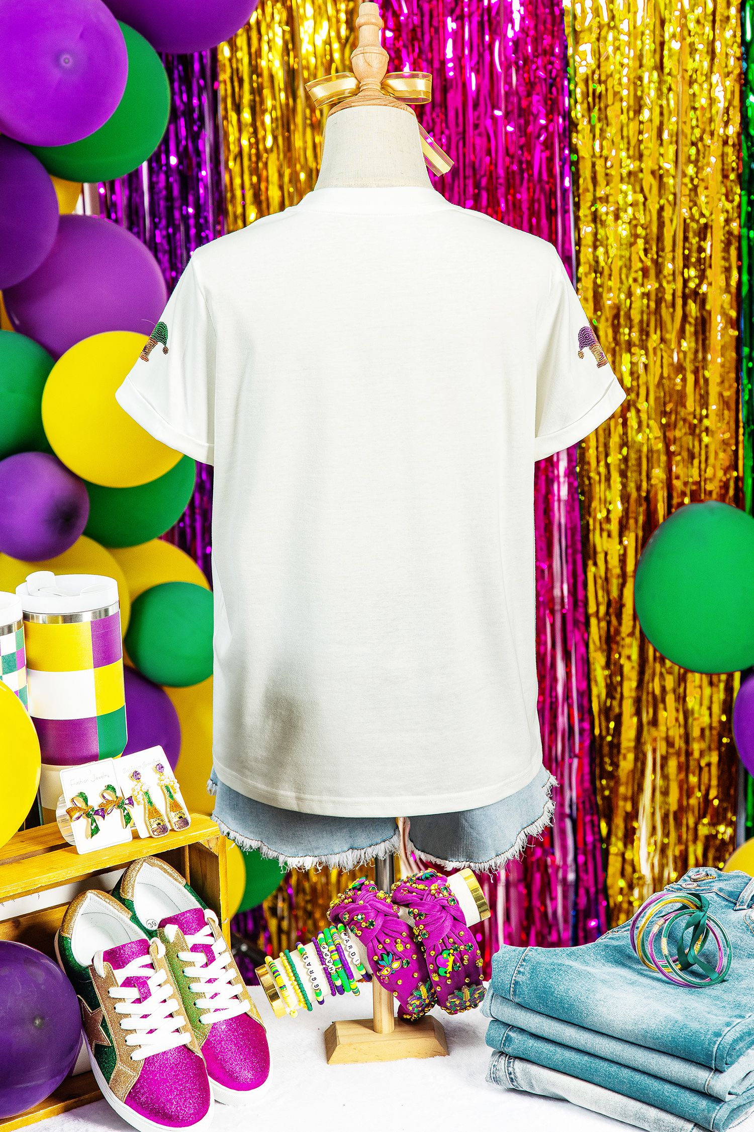 White Mardi Gras Sequin Crown Womens Casual T Shirt