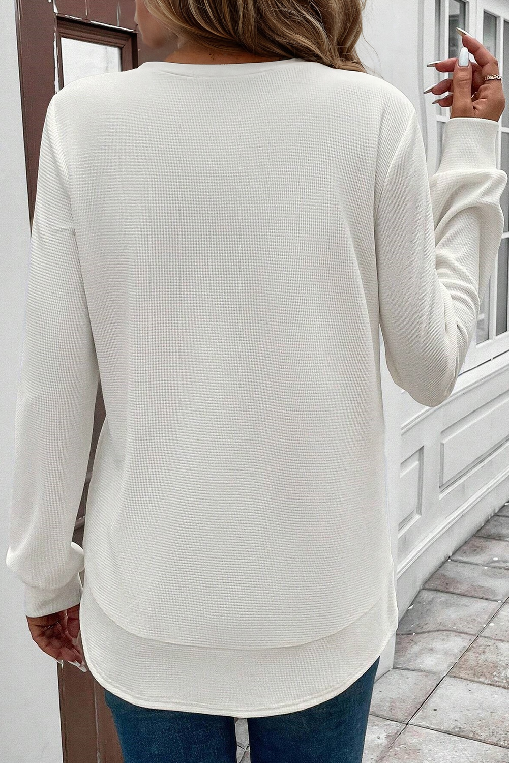 White Rounded Hem Waffle Long Sleeve Top