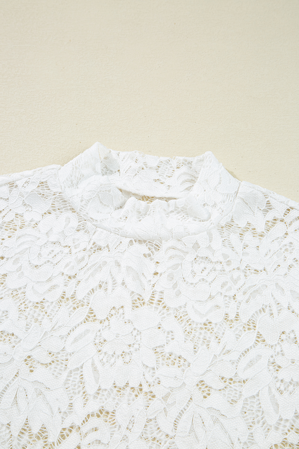 White Lace Crochet Bell Sleeve Mock Neck Blouse