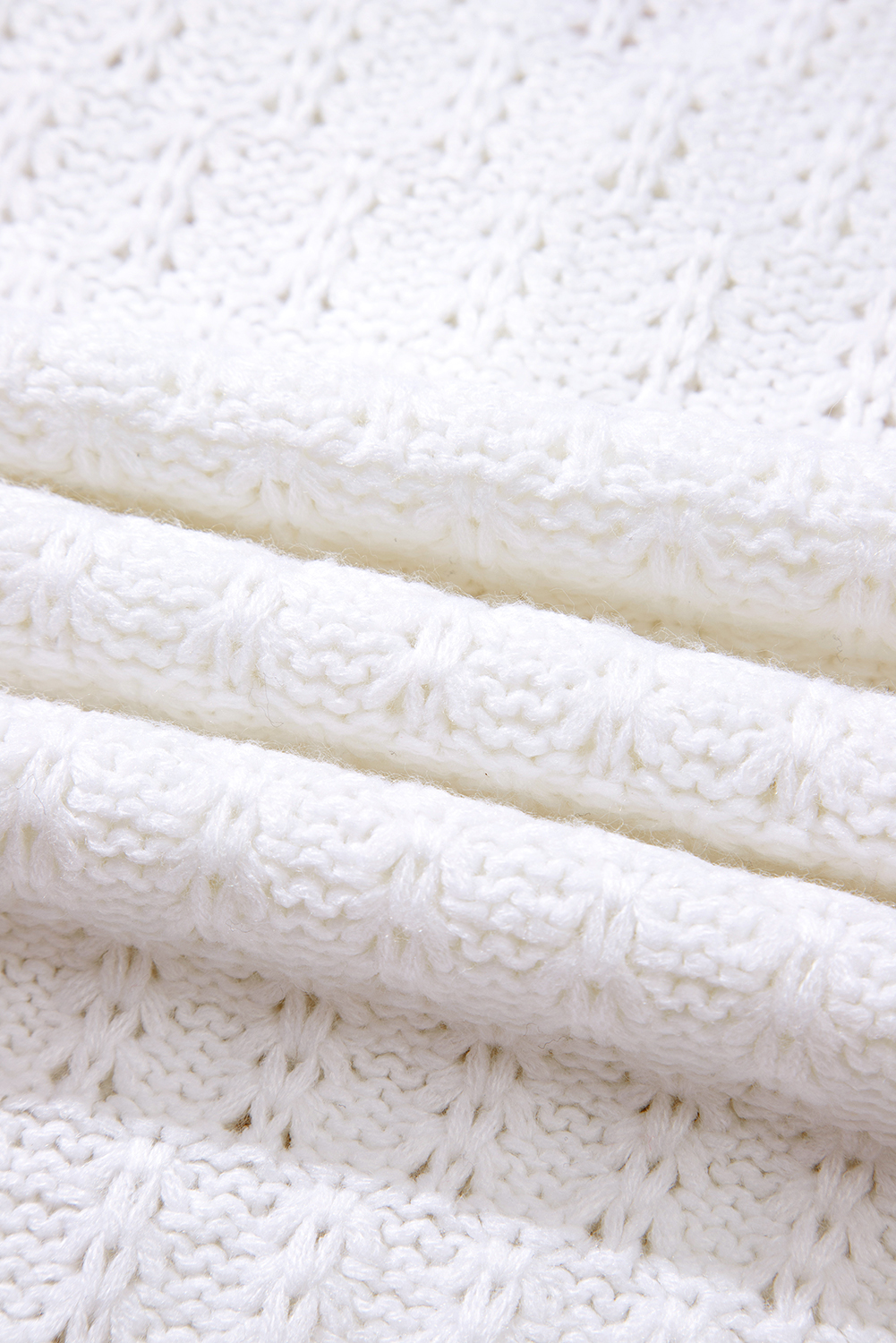 White Textured Knit Ribbed Edge V Neck Loose Sweater