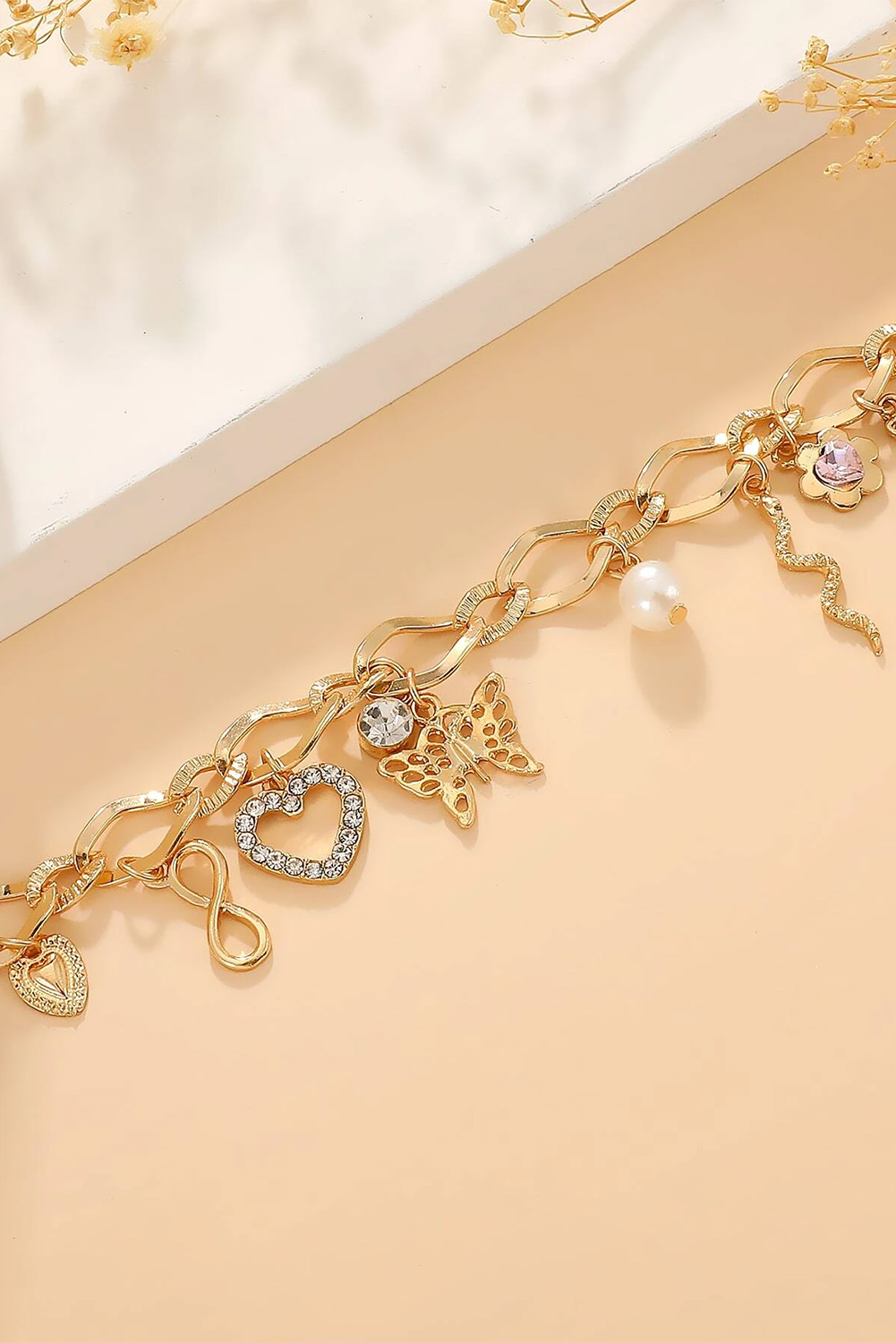 Gold Heart Butterfly Pearl Charm Plated Alloy Bracelet