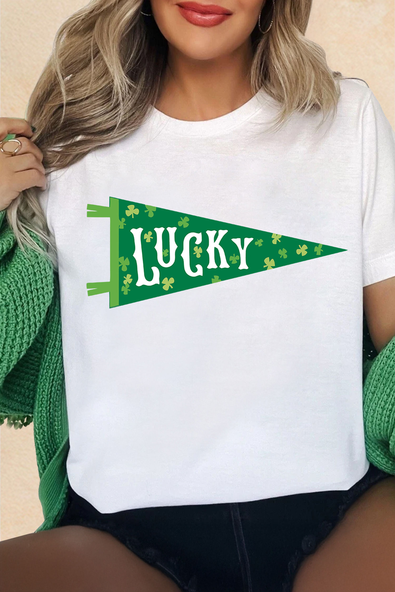White LUCKY Clover Pennant St Patricks Day T Shirt
