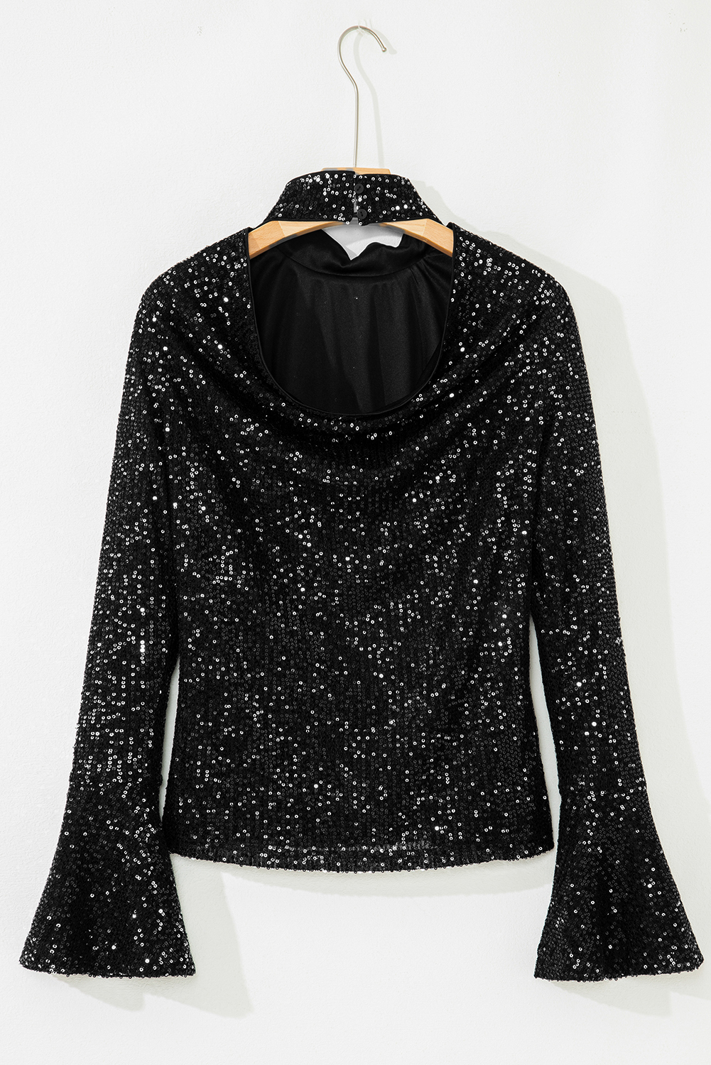 Jet Stream Sequin Mock Neck Drape Open Back Bell Sleeve Top