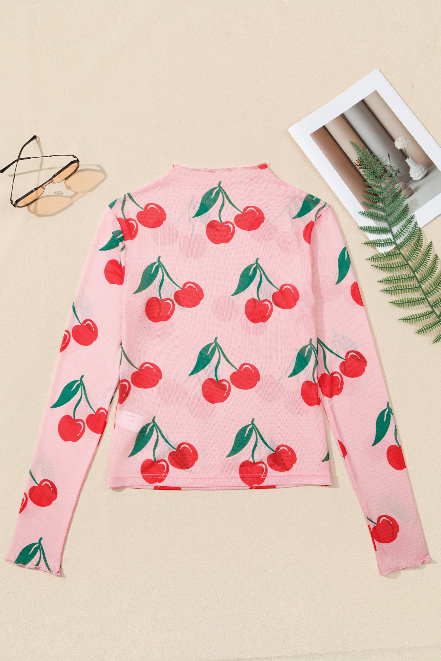 Pink Cherry Print Lettuce Trim Long Sleeve Mesh Top