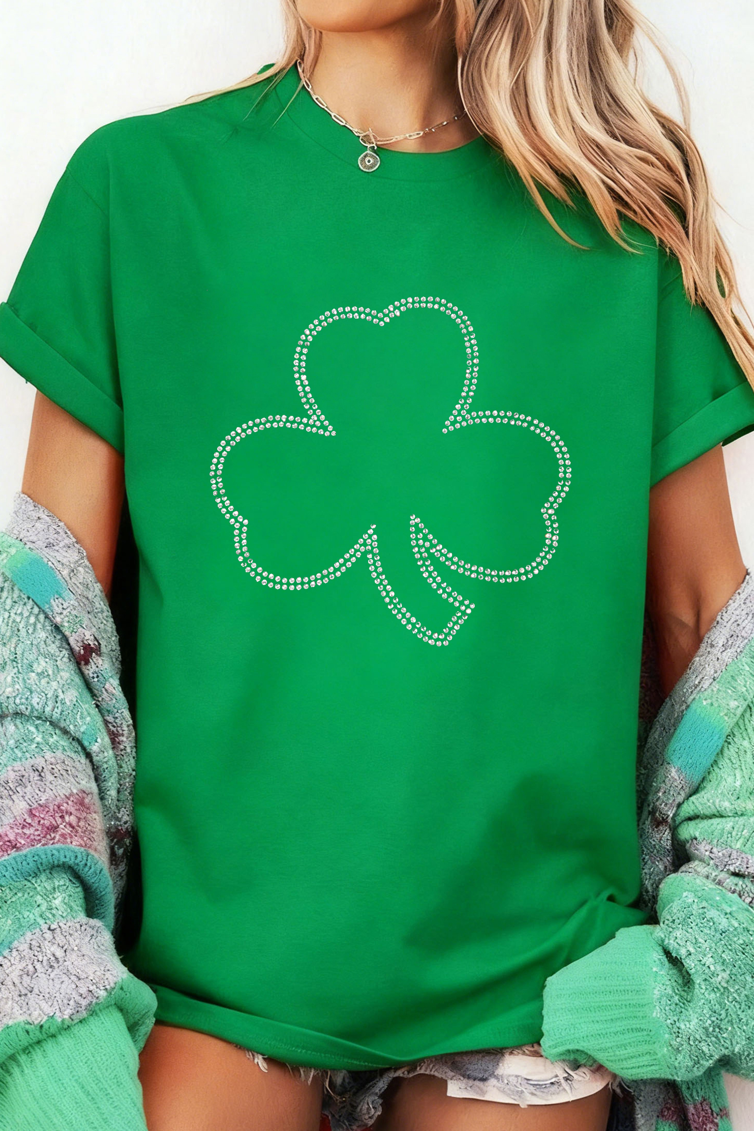 Bright Green Rhinestone Clover St Patricks Day T Shirt