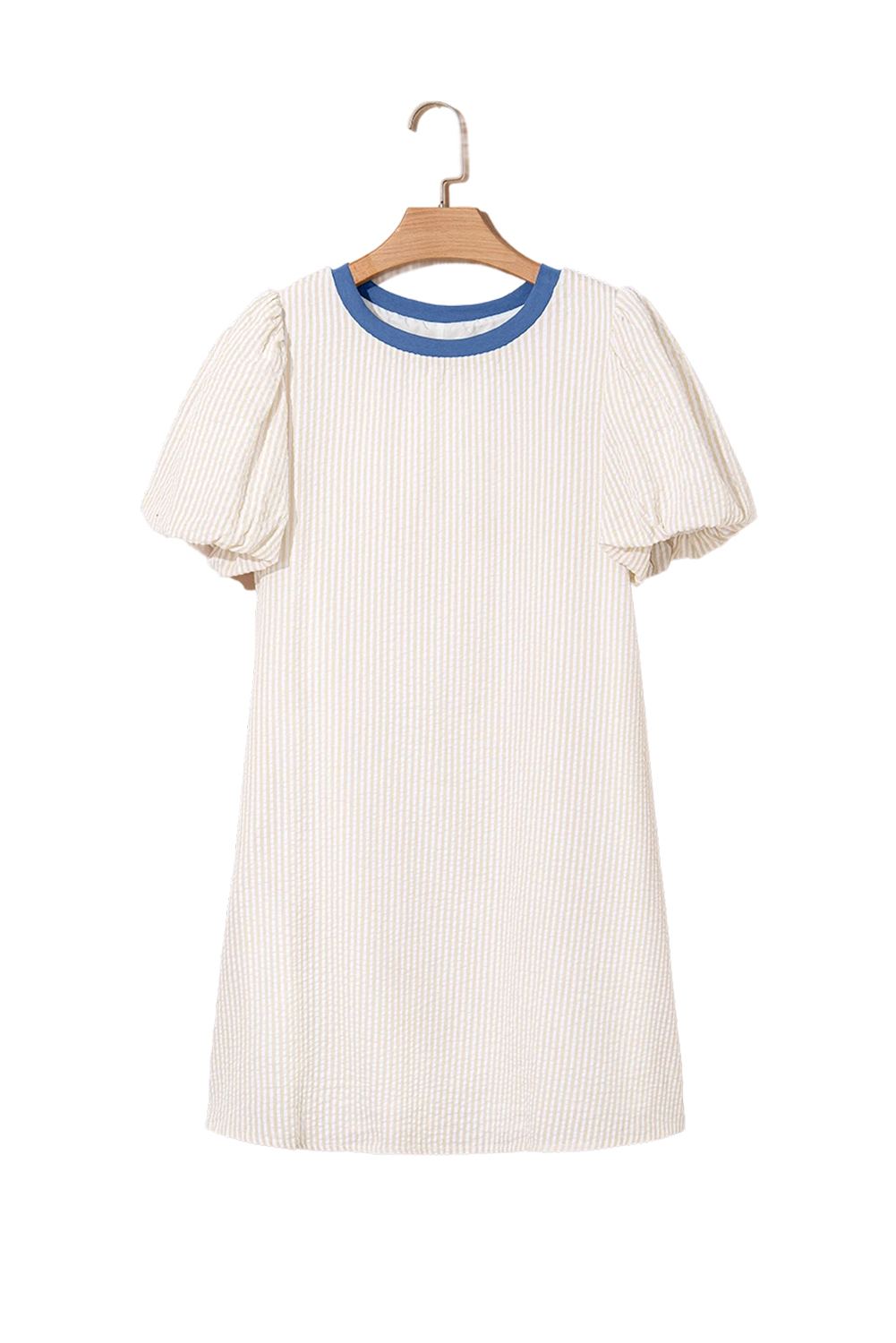 Beige Stripe Seersucker Contrast Round Neck Puff Sleeve T Shirt Dress