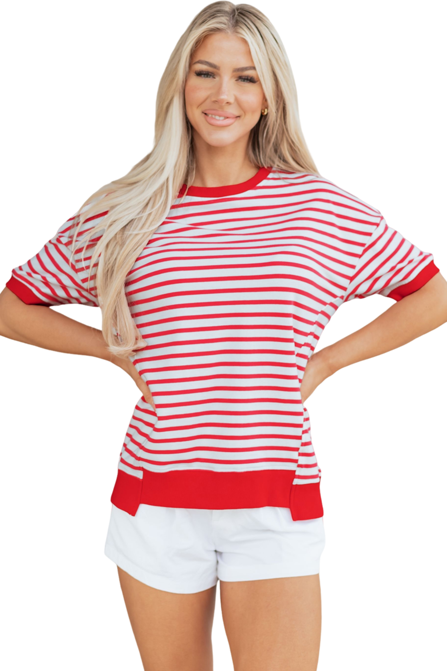 Red Stripe Drop Shoulder Half Sleeve T Shirt