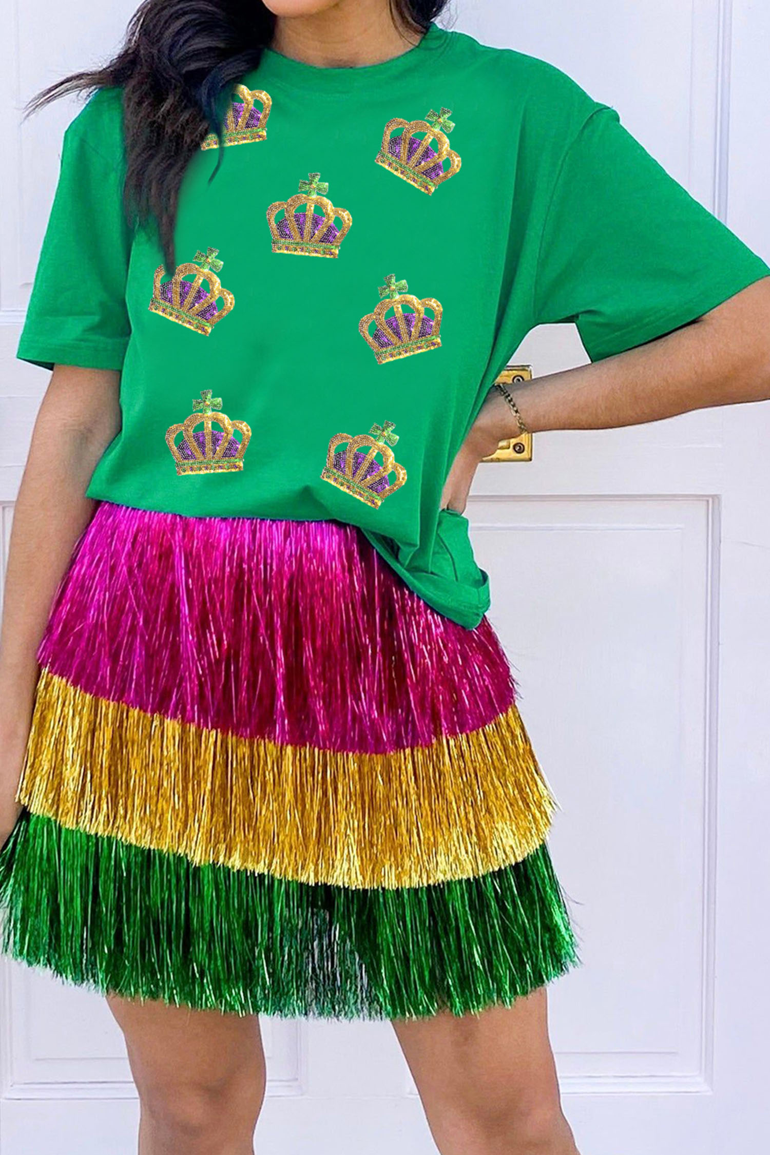 Bright Green Sequin Mardi Gras Crown Rolled Sleeve T Shirt
