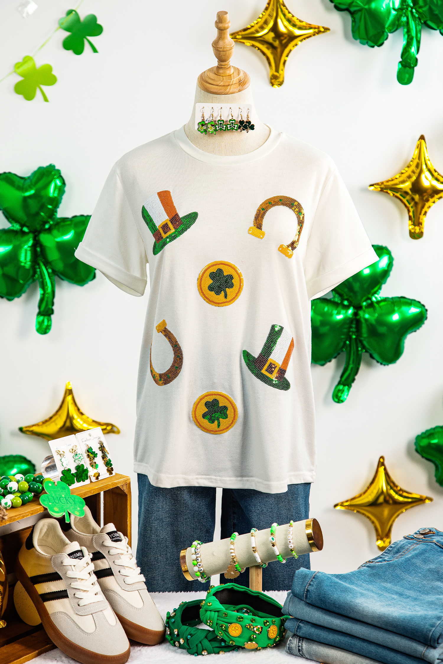 White St Patricks Day Sequin Graphic Casual T Shirt