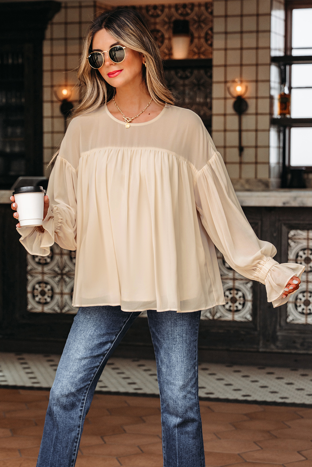 Parchment Pleated Ruffle Long Sleeve Chiffon Blouse