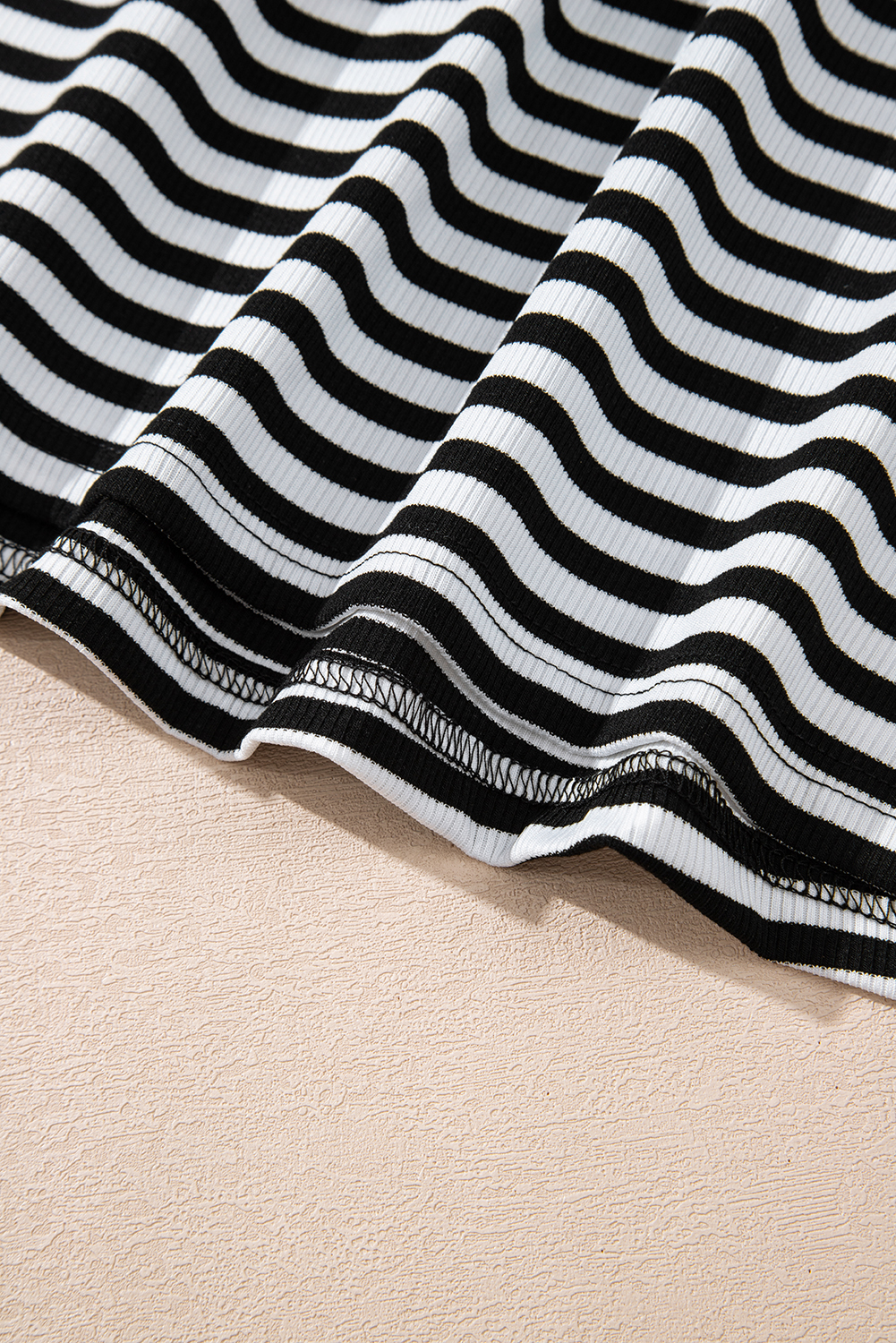 Sky Blue Stripe Ribbed Cap Sleeve Round Neck T Shirt