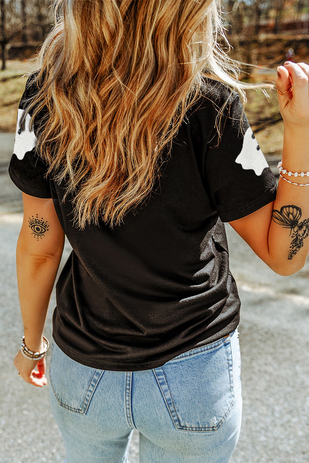 Wisteria Glitter Trim Chenille Ghost Patched Halloween Graphic Tee