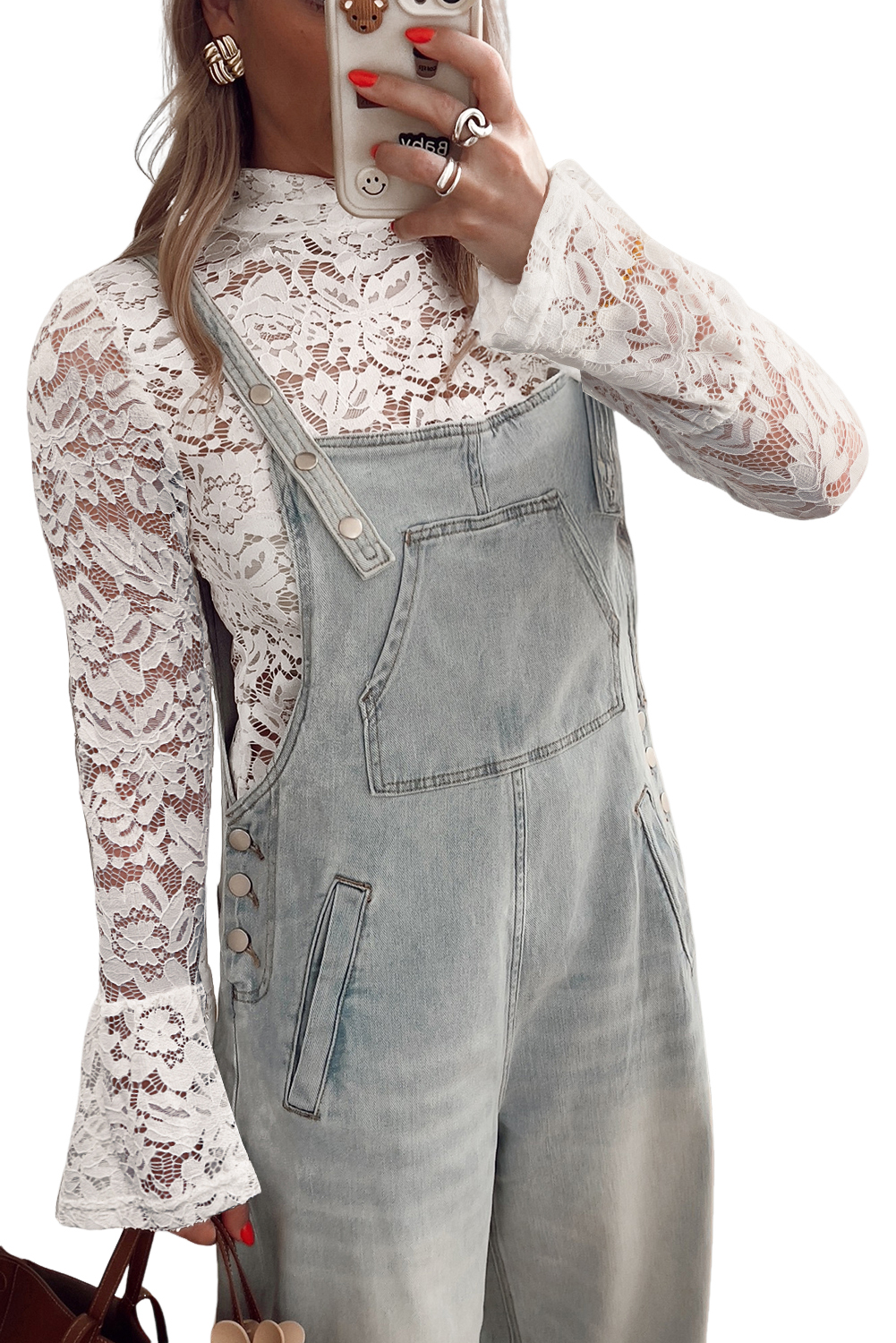 White Lace Crochet Bell Sleeve Mock Neck Blouse