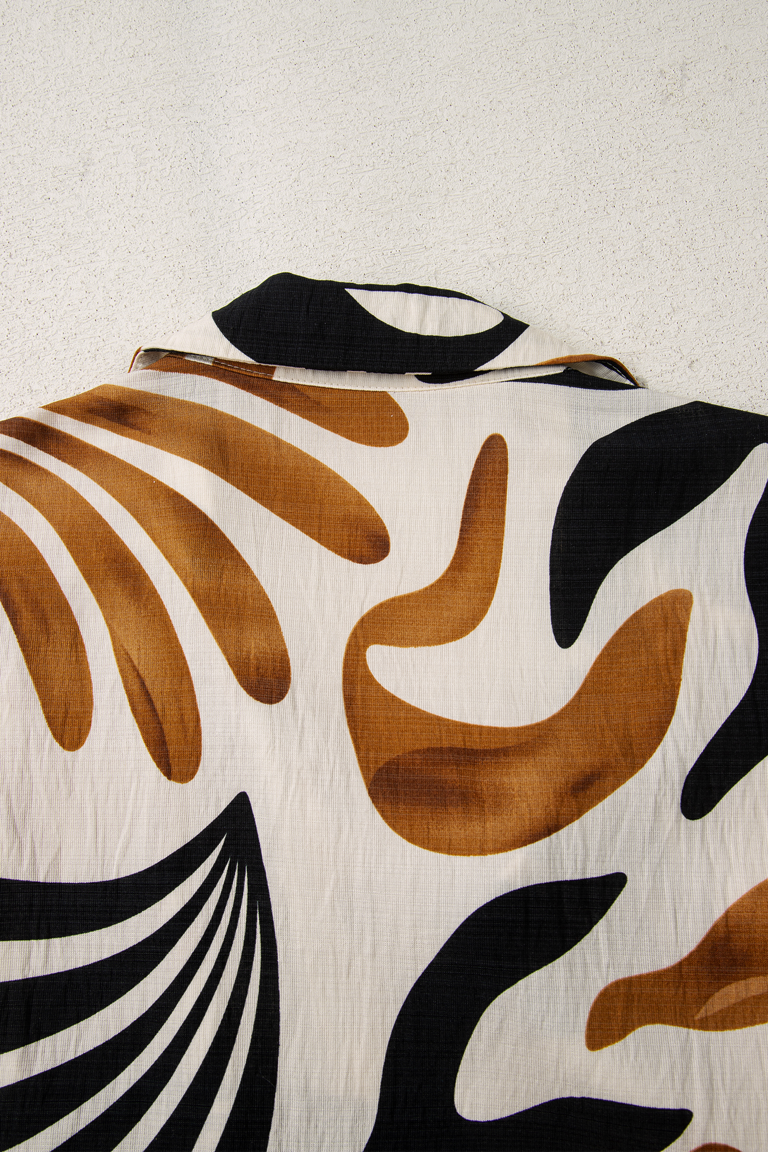 Brown Tropical Printed Contrast Trim Neck Long Sleeve Ruffle Hem Dress