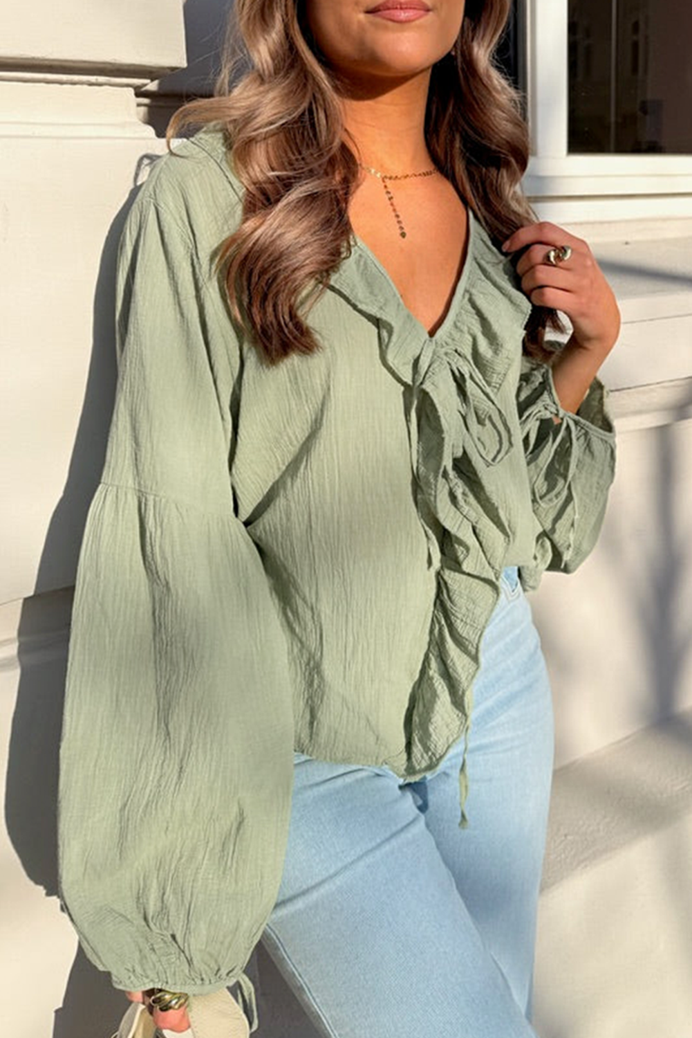 Meadow Mist Green Bow Tie Front Ruffle Trim V Neck Long Sleeve Gauze Blouse