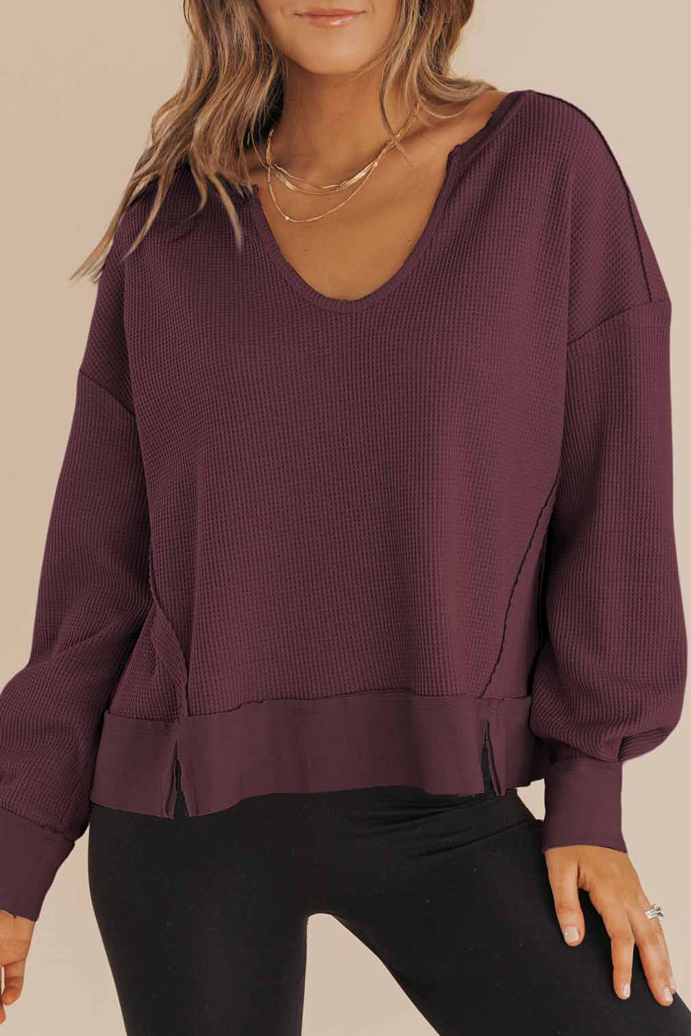 Dark Brown Waffle Knit Notched V Neck Drop Shoulder Solid Sweatshirt