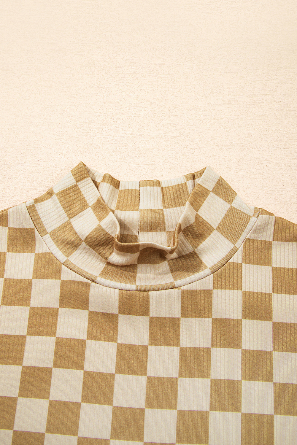 Khaki Check Pattern Turtleneck Ribbed Slim Long Sleeve Tee