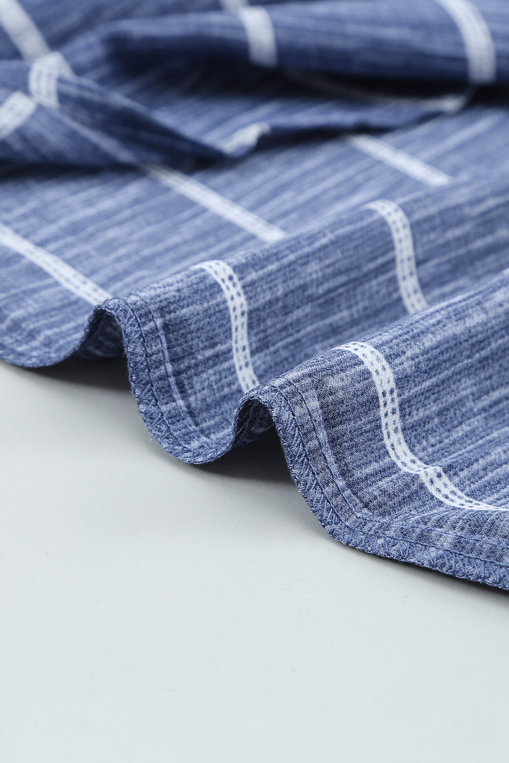 Blue Striped Print V Neck Half Buttons Loose Blouse