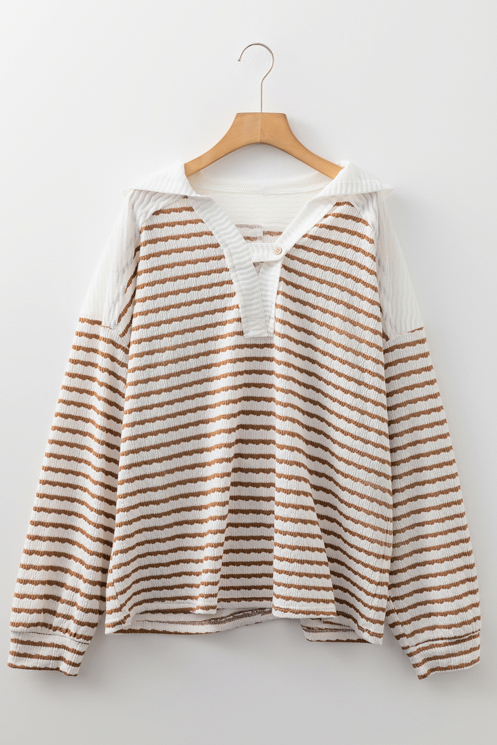 Khaki Stripe Textured Hooded V Neck Casual Long Sleeve Top