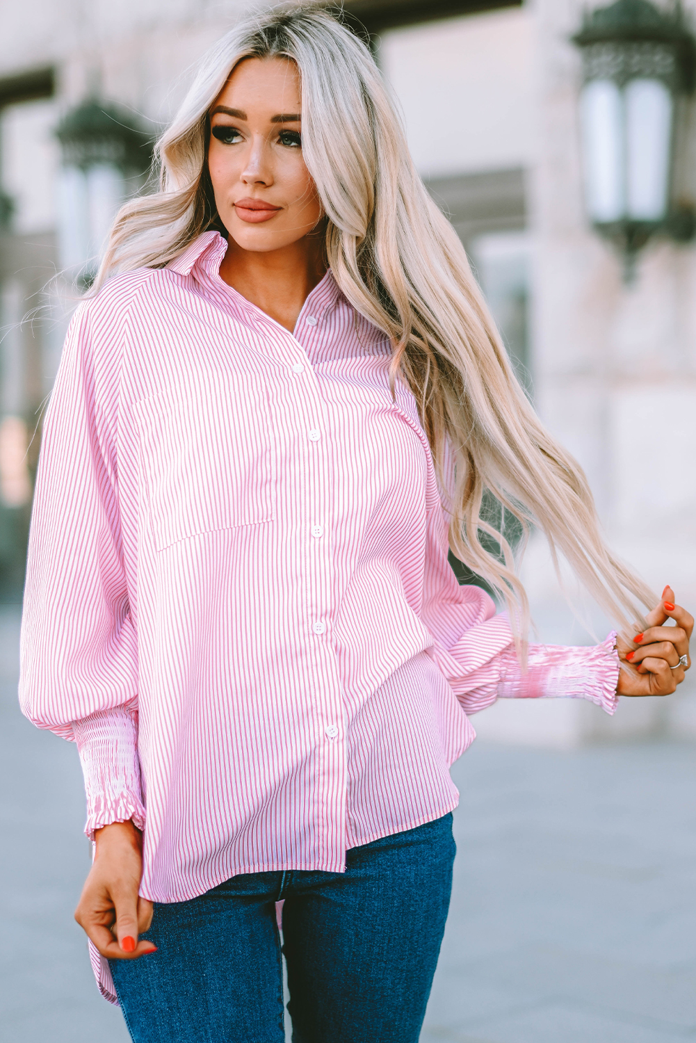 Red Stripe Smocked Cuffed Striped Boyfriend Shirt with Pocket
