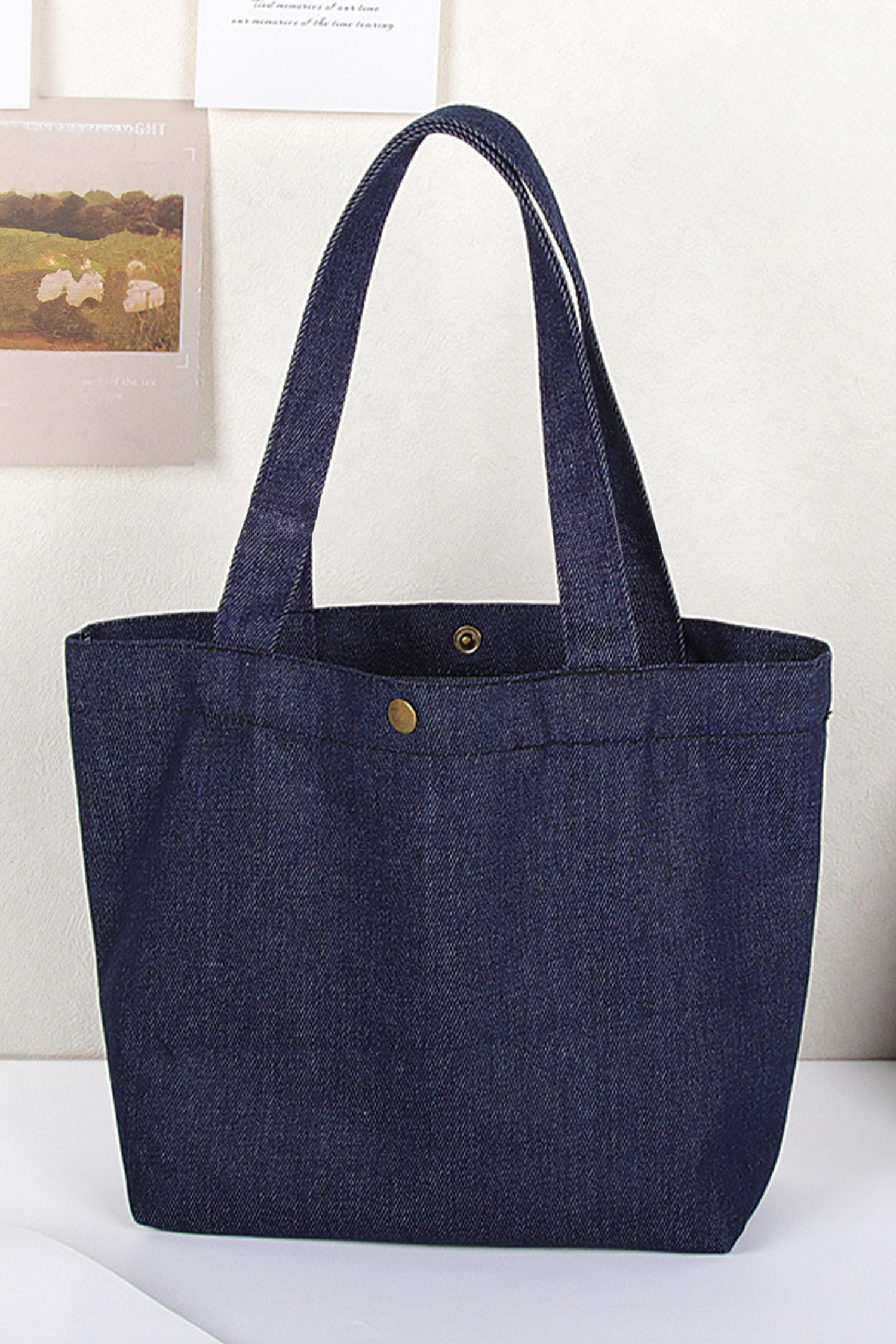 Navy Blue Vintage Denim Snap Button Tote Bag