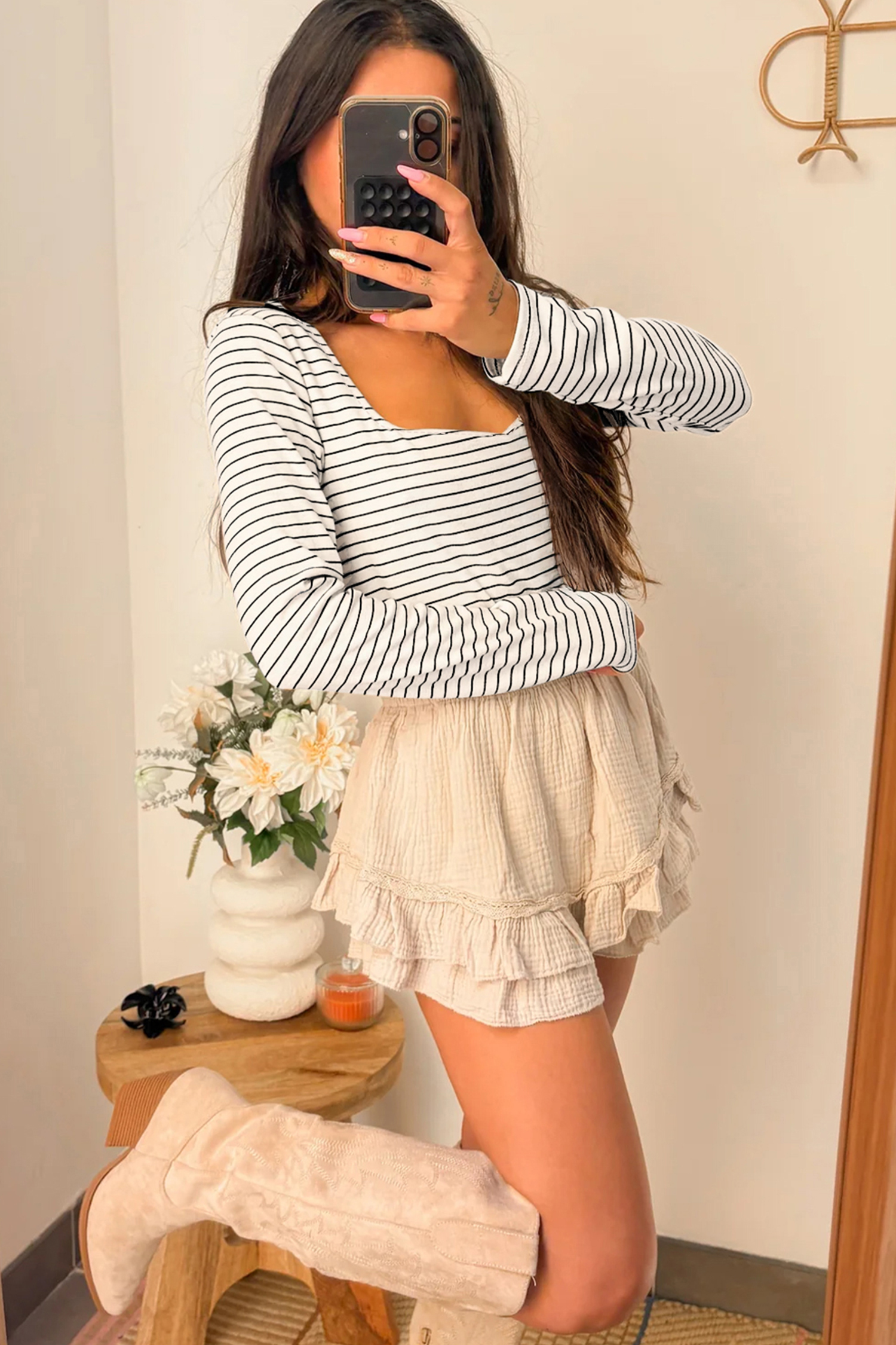 Brown Stripe Square Neck Long Sleeve Top