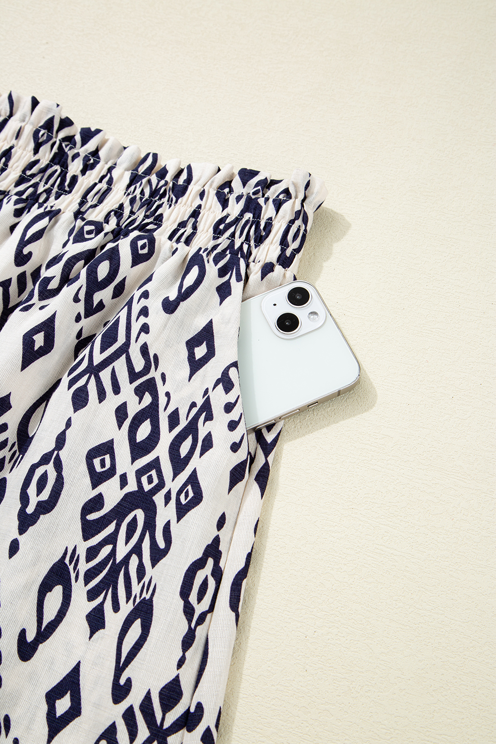 Blue Boho Geometric Print Shirred High Waist Wide Leg Jumpsuit