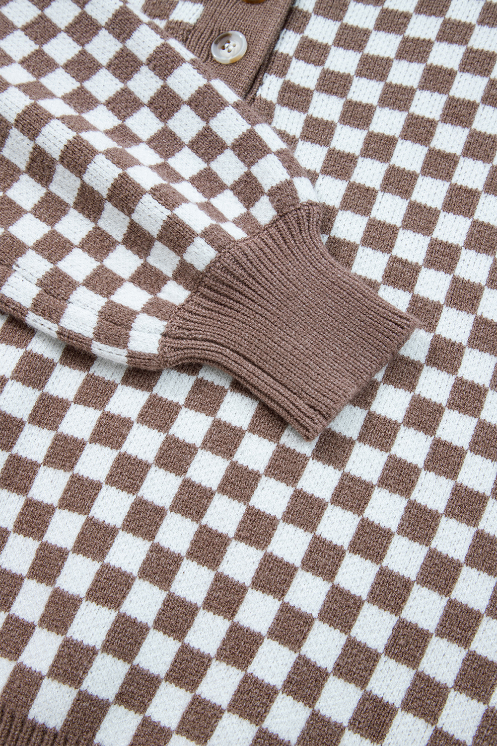 Dark Brown Half Button Ribbed Trim Checkerboard Knit Sweater