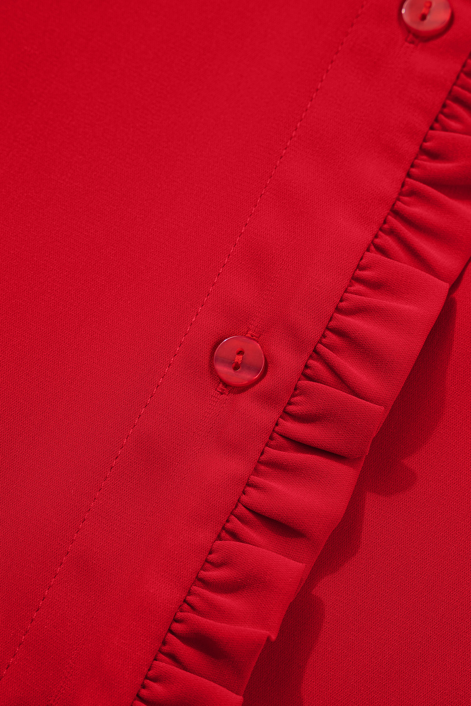 Fiery Red Frilled Trim Button Up Pleated Long Sleeve Shirt