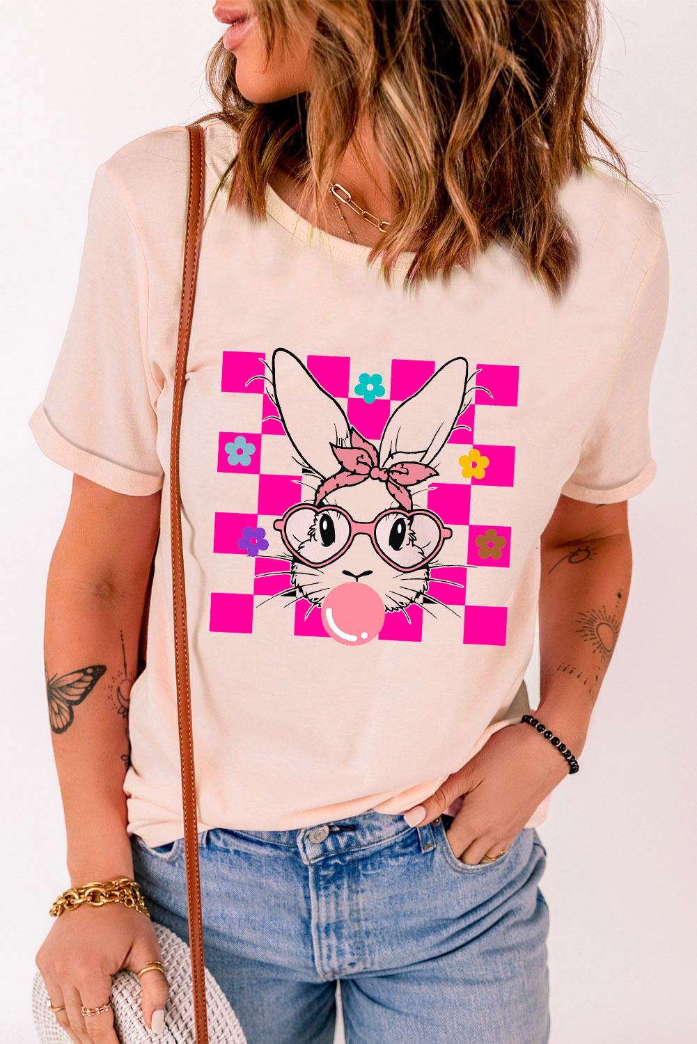 White Rabbit Bow Knot Print Crew Neck T Shirt