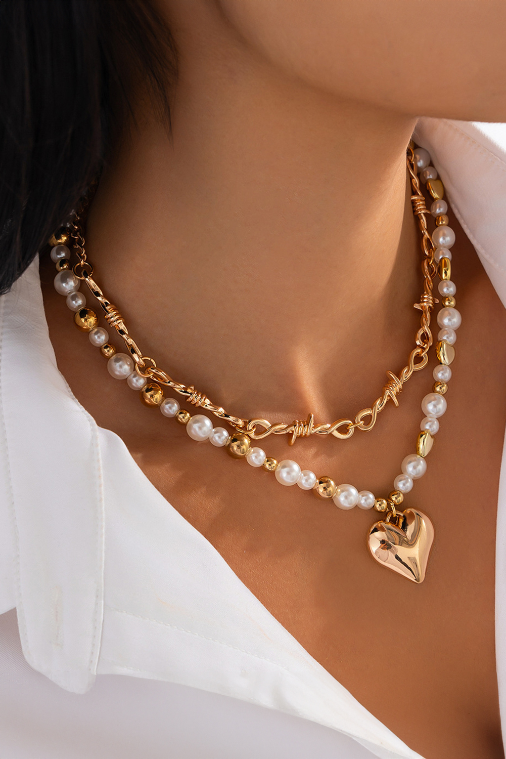 Gold 2pcs Alloy Plated Heart Pendant Pearl Necklace Set