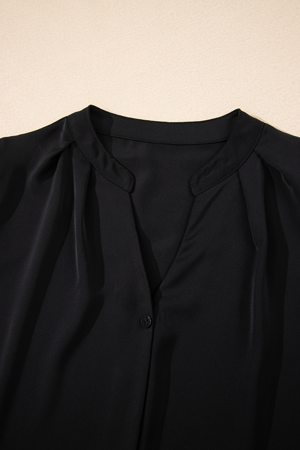 Black Silky Notched Neckline Petal Sleeve Blouse