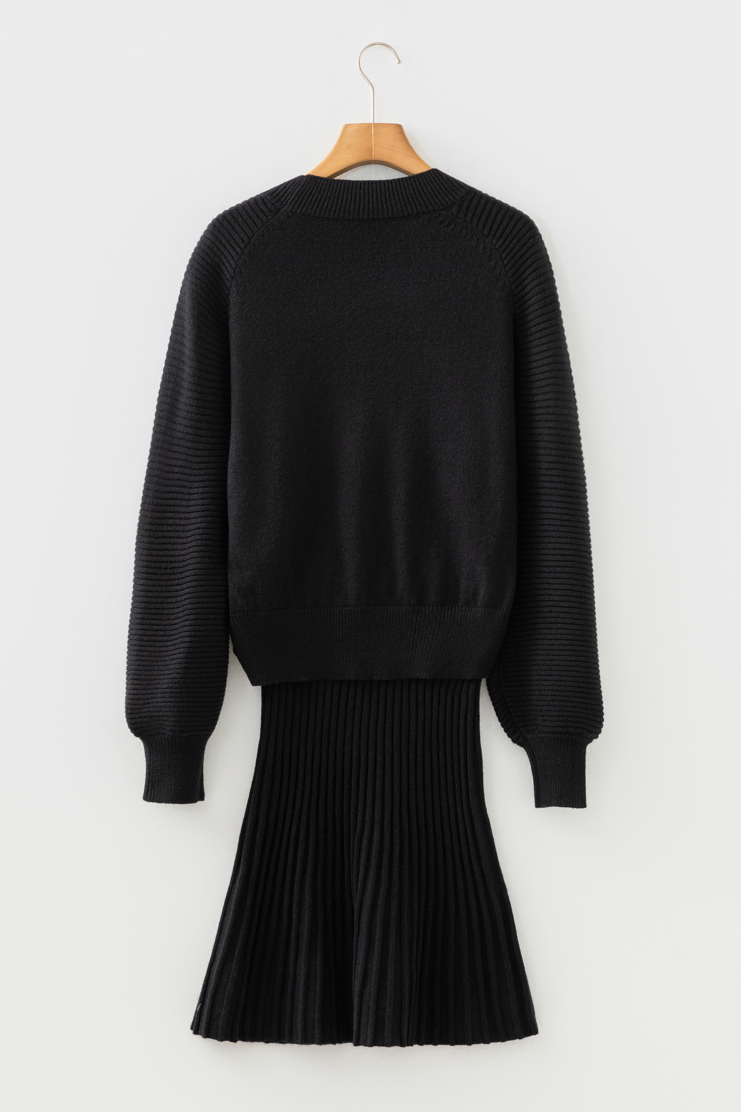 Smoke Gray High Neck Puff Sleeve Sweater Pleated Mini Skirt 2pcs Knitted Outfit