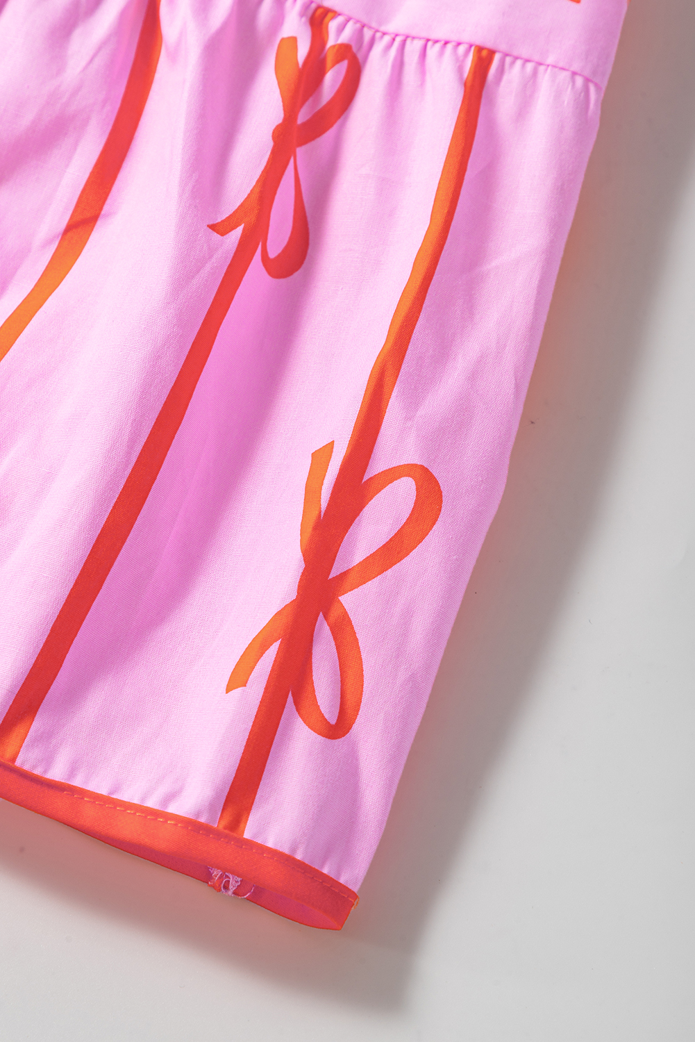 Pink Bowknot Striped Printed Bubble Sleeve Buttoned Belted Mini Dress