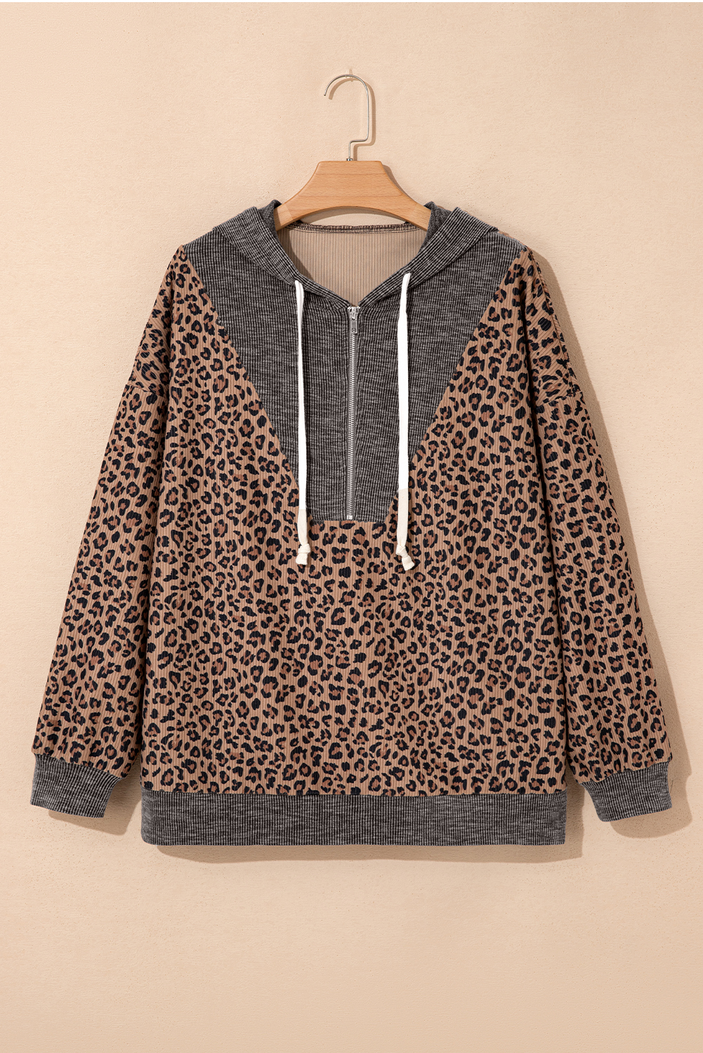 Khaki Ribbed Leopard Print Contrast Collar Zip Hooded Pullover Sweatshirt