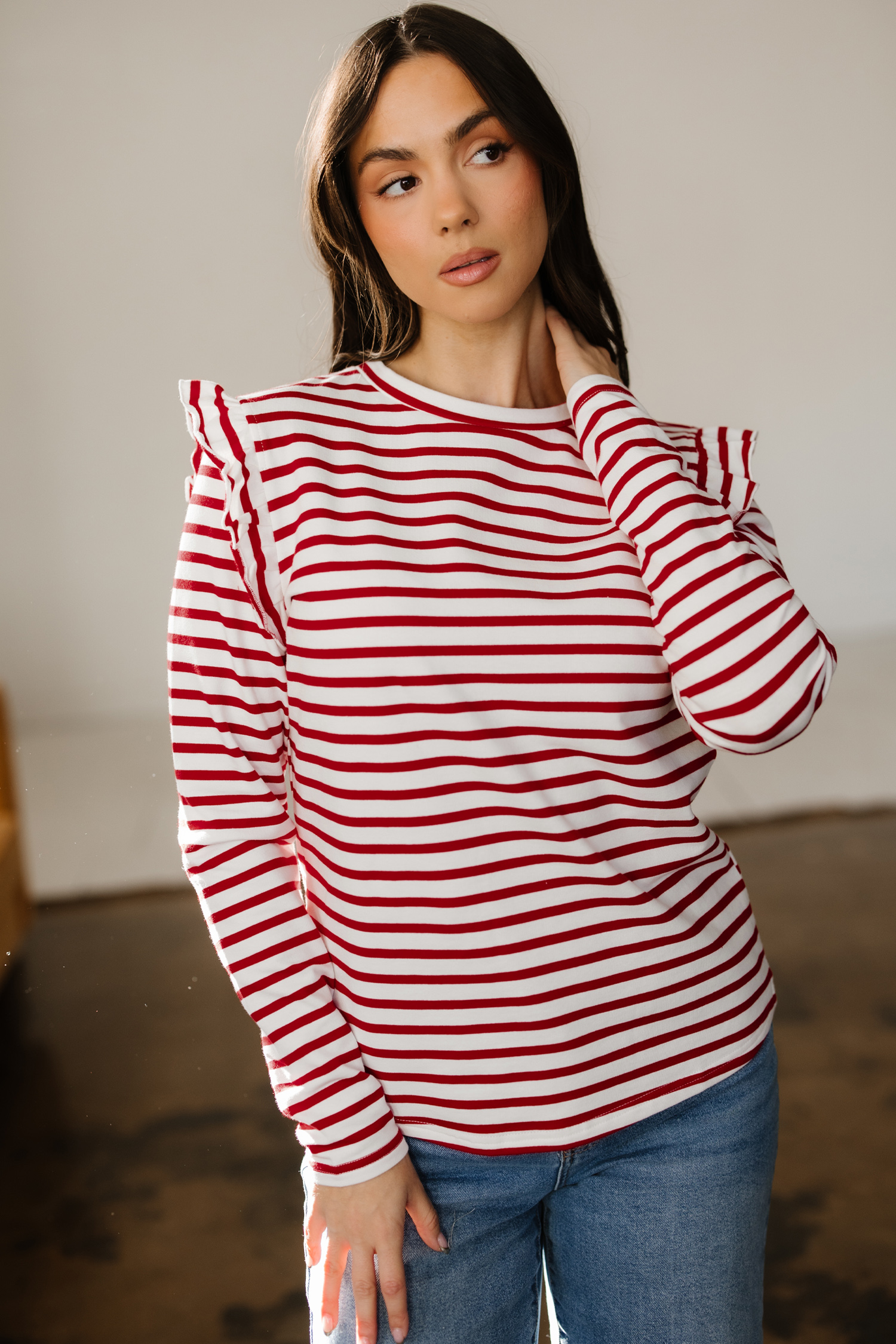 Red Stripe Round Neck Ruffle Trim Long Sleeve Top
