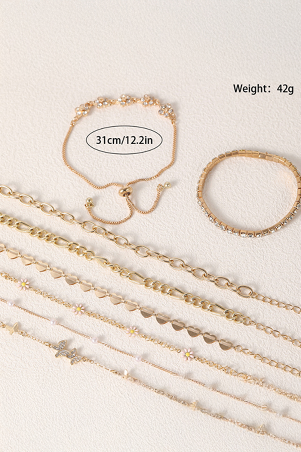 Gold Rhinestone Decor Butterfly Flower Multi Layer Bracelet Set