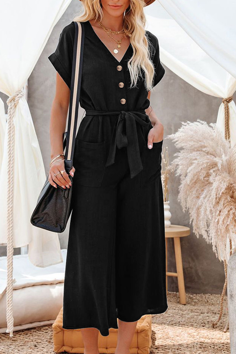 Black Dolman Button Belted V Neck Wide Leg Pocketed Jumpsuit