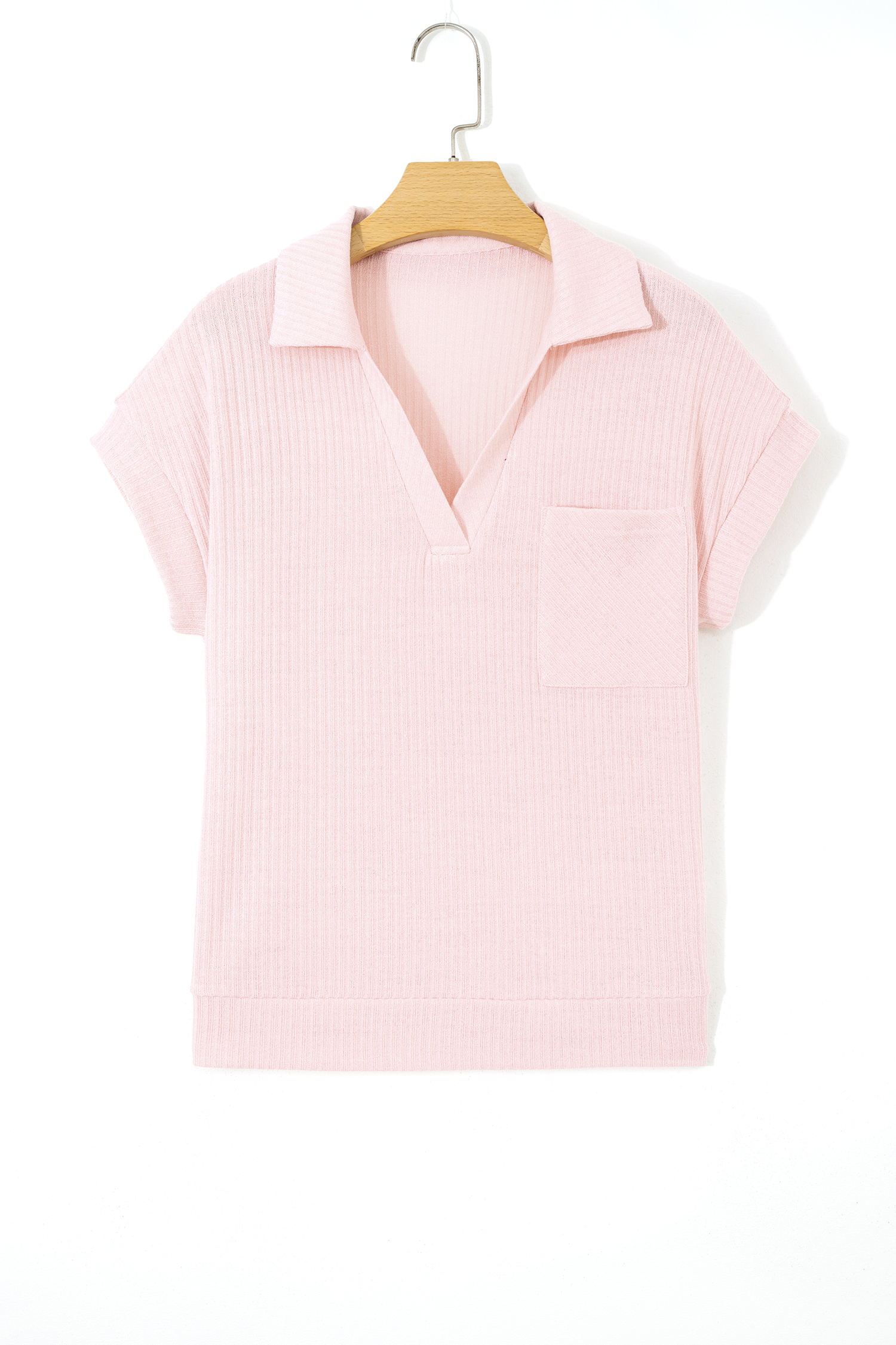 Light Pink Collared V Neck Ribbed Tee