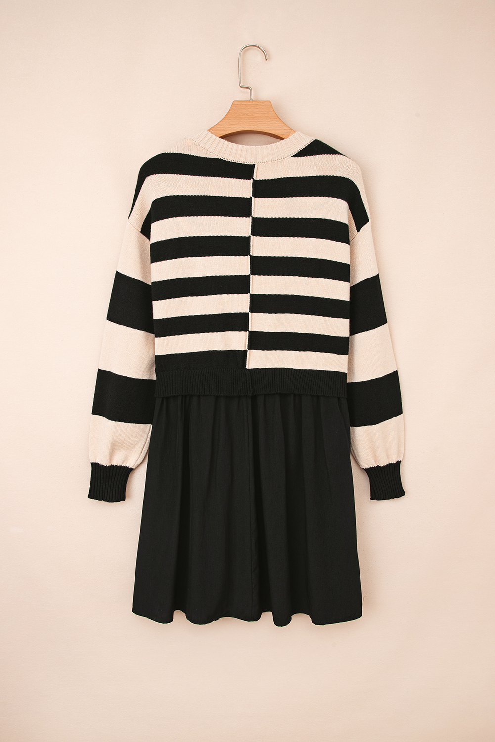 Black Stripe Two in One Knitted Top High Waist Splicing Hem Sweater Dress