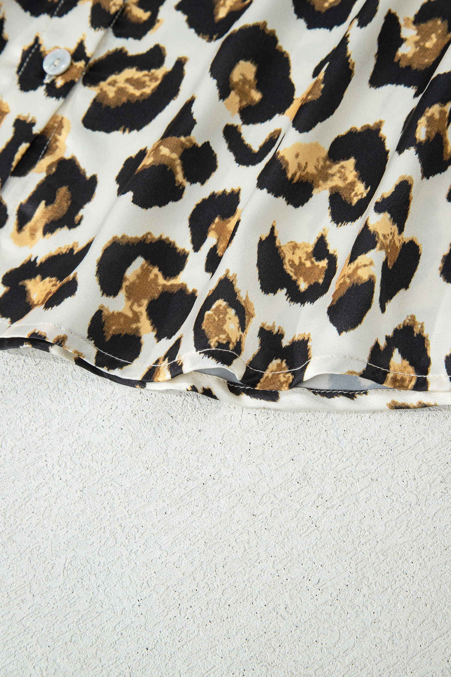 Khaki Leopard Print Ruffle Trim 3/4 Sleeve Loose Shirt