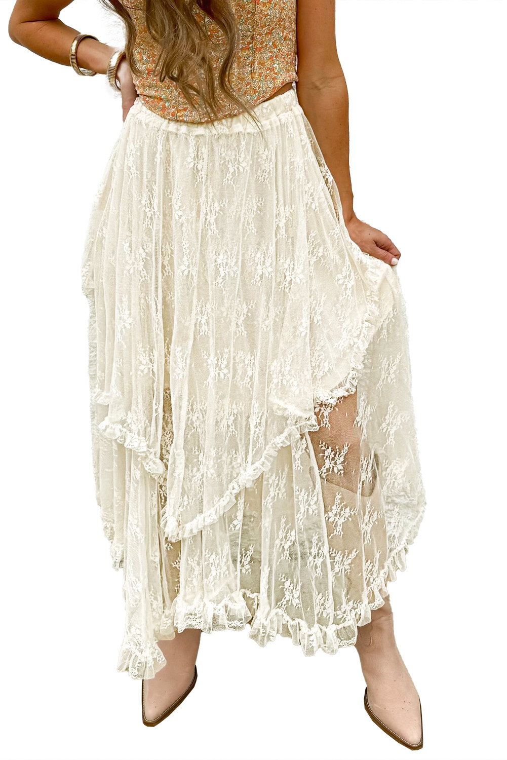 Apricot Lace Cascading Tiered High Waist Maxi Skirt