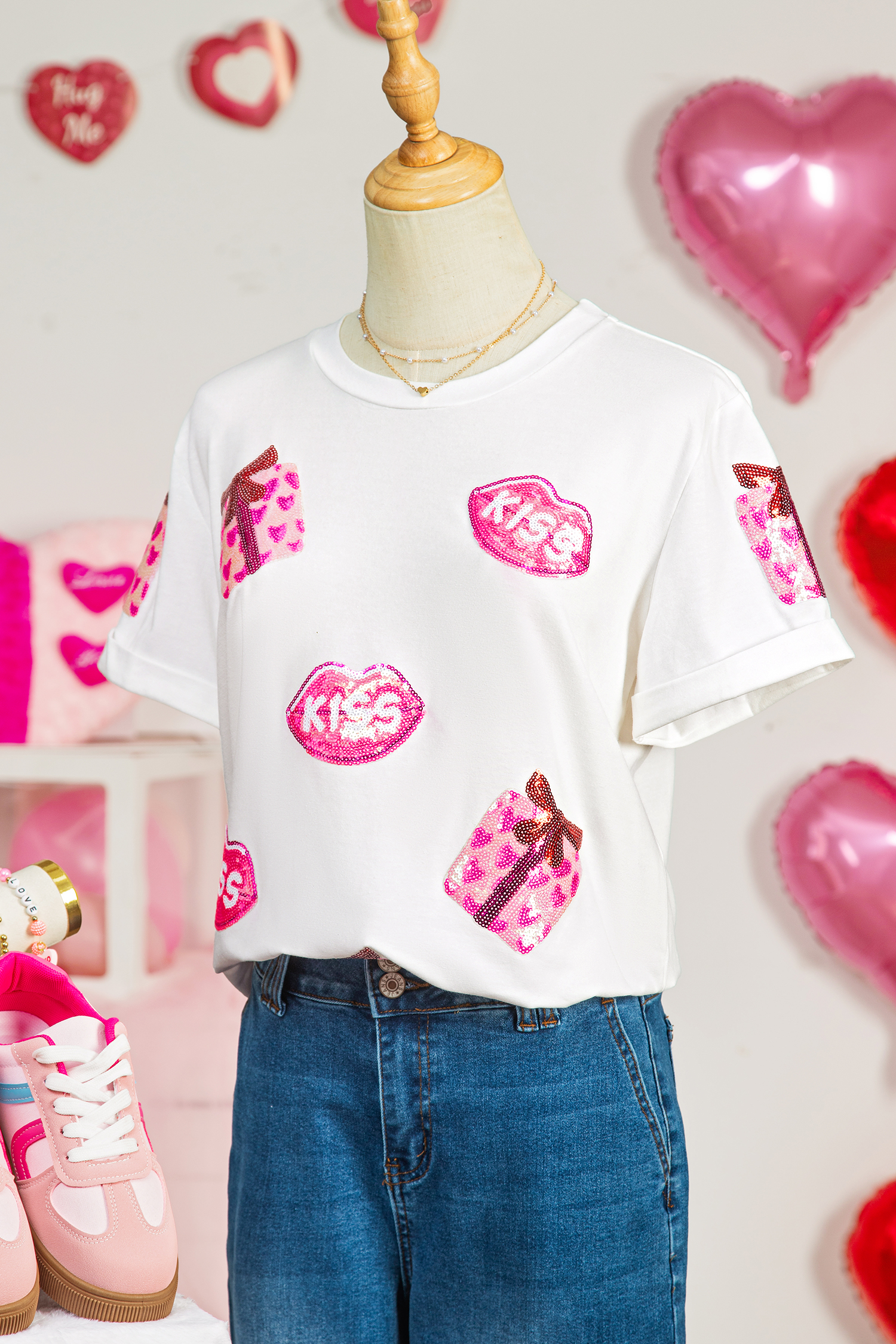 White Valentines Gift Kiss Lip Sequin Graphic T Shirt