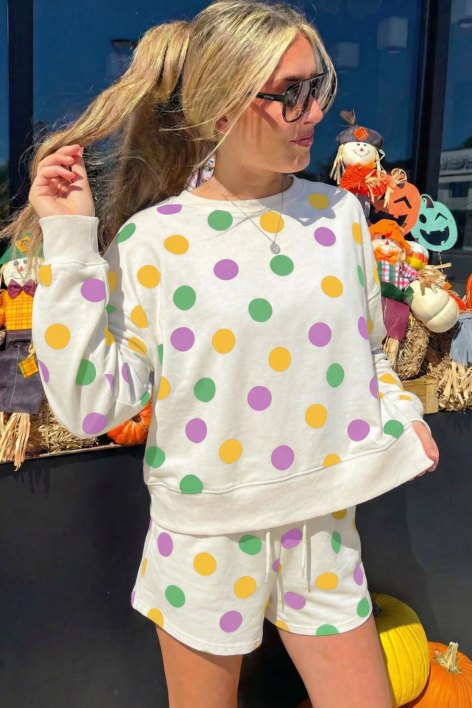 Beige Polka Dot Print Drop Shoulder Pullover Drawstring Jogger Pant Set