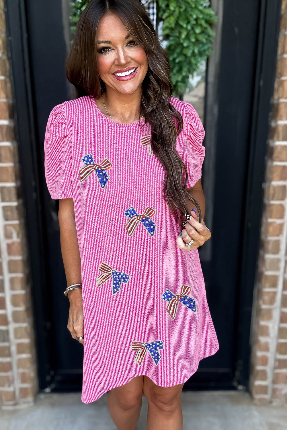 Bright Pink Flag Pattern Inspired Sequin Bow Spiral Ribbed Puff Sleeve T Shirt Dress
