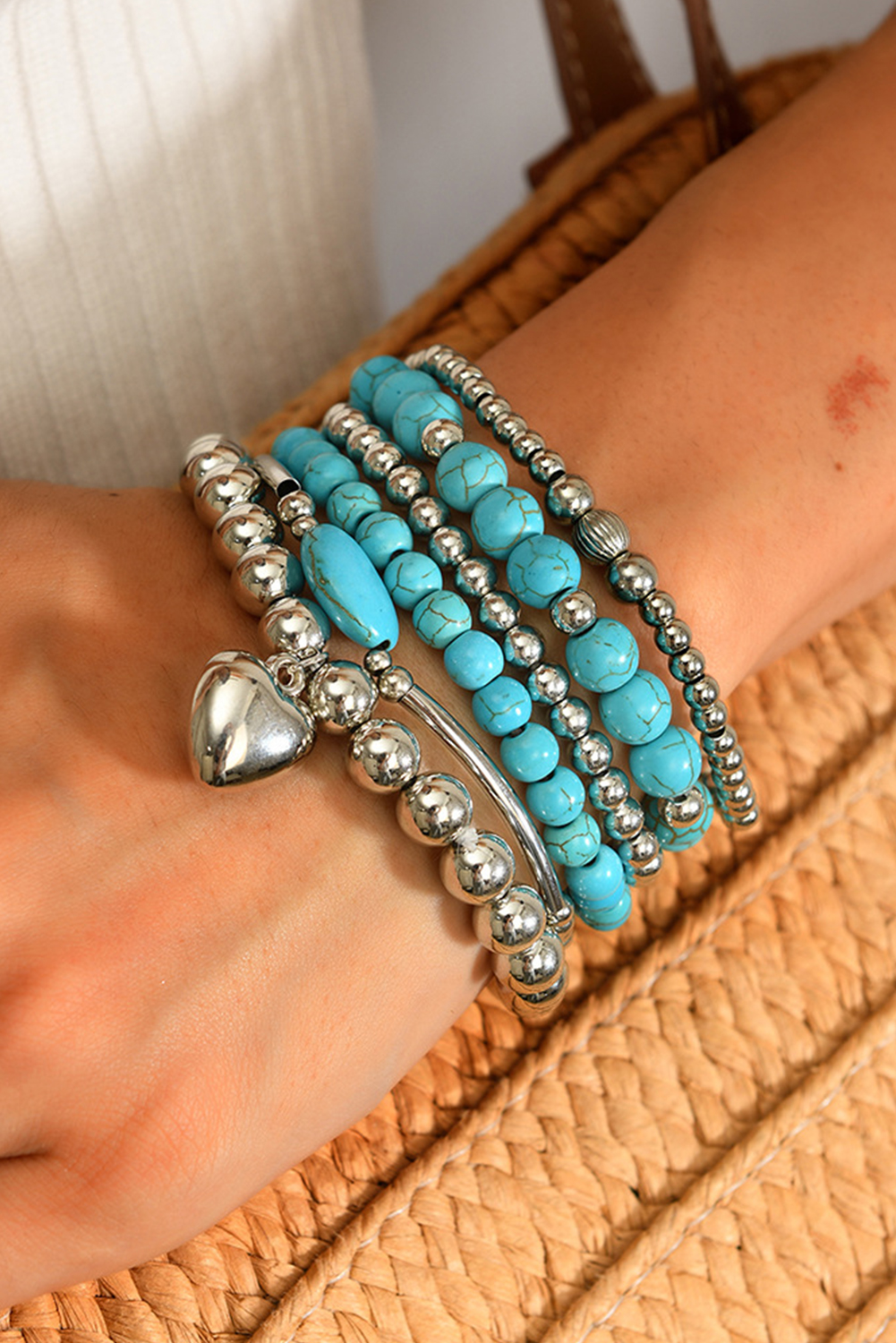 Silvery Pleated Heart Charm Beaded Turquoise Multilayer 6pcs Bracelet Set